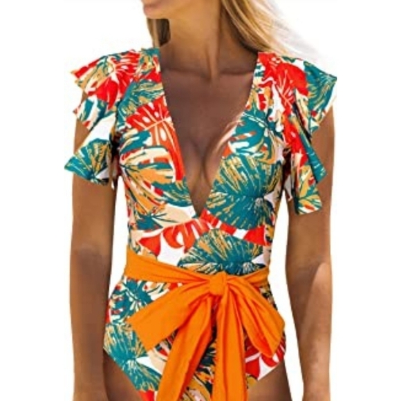 Binlowis Deep V Neck Flounce One Piece - Picture 2 of 13